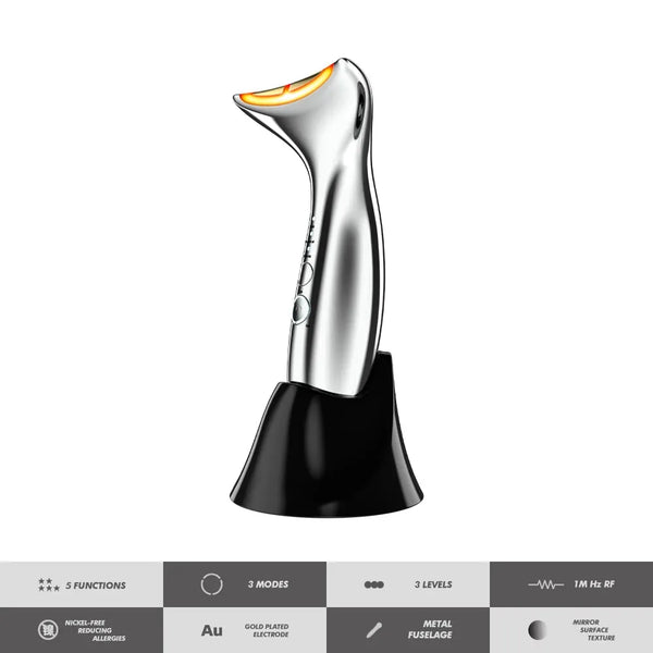 Contour Pro RF neck and face sculpting device with gold-plated electrodes.