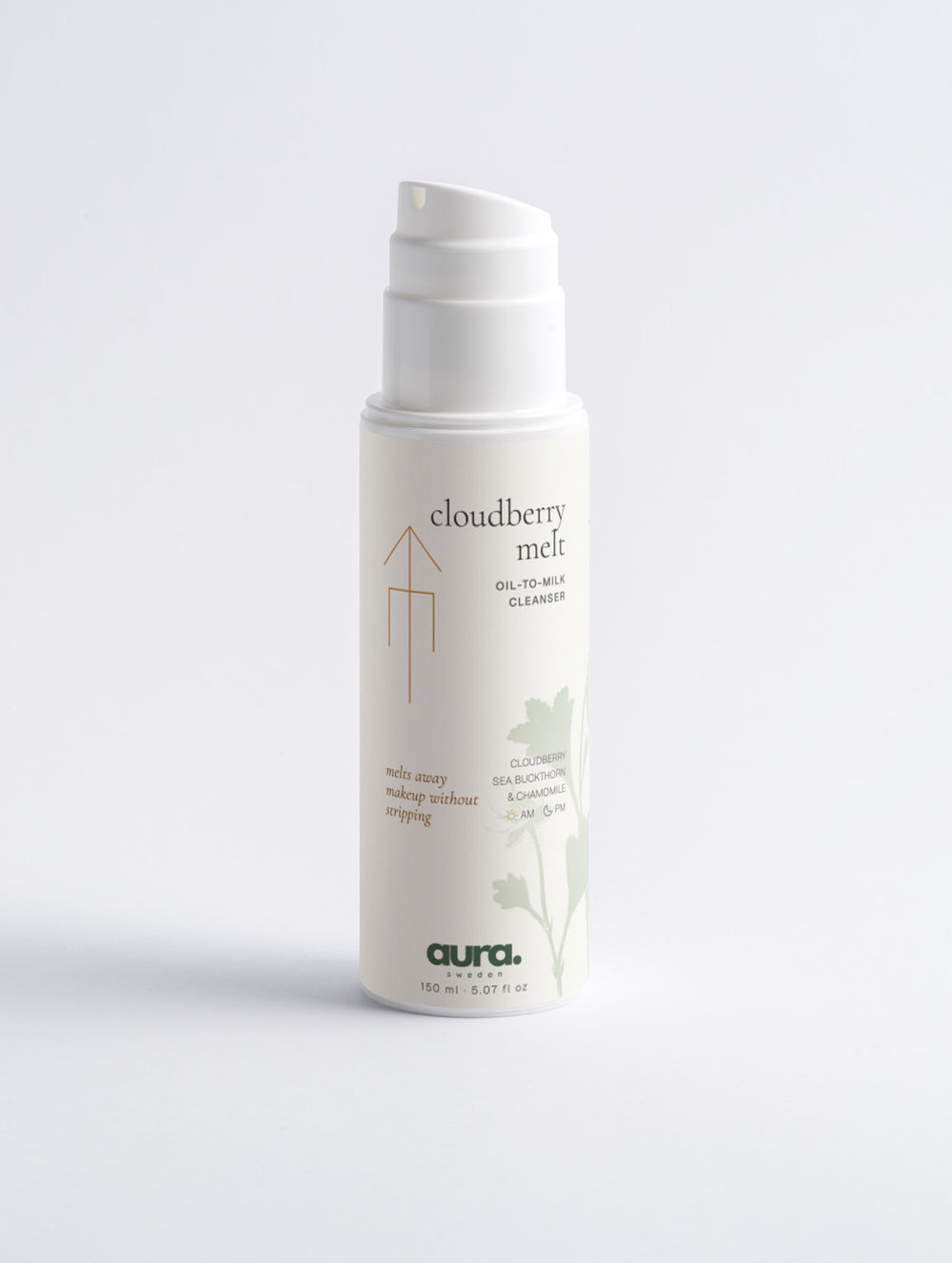 Aura sweden Cloudberry Melt Oil-Cleanse Cleanser in a white pump bottle with minimalist black and green text and illustrations, set against a clean white background.