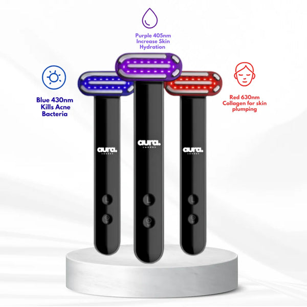 5-in-1 LED Beauty Wand with red, blue, purple light, micro-current, heat, and vibration.