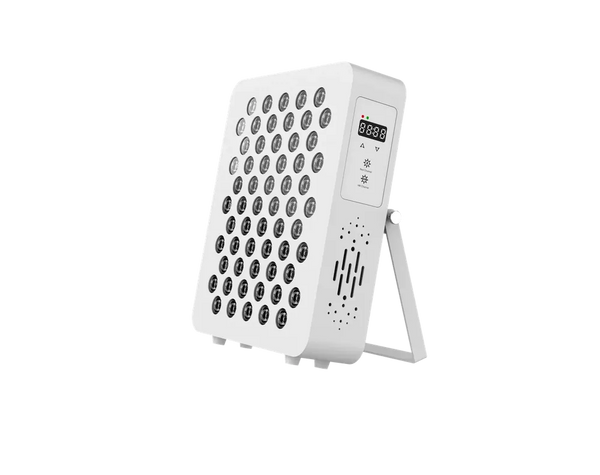 QuantumGlow portable red light therapy panel showing red and near-infrared LEDs.