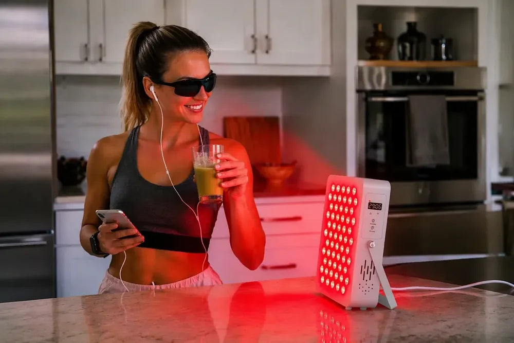 QuantumGlow red light therapy panel used by fitness model for skin and muscle recovery