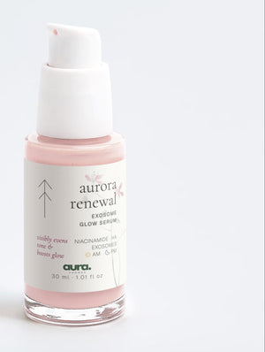 A skincare product set featuring a white box and a clear bottle with pale pink liquid, labeled 'aurora renewal exfoliating glow serum', on a light gray background.