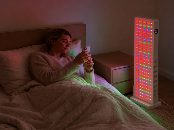 A woman lies in bed holding a phone, with a tall white LED light therapy panel standing beside the bed, casting red, blue, and green light into the room.