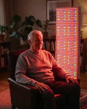 Older man using QuantumLumina red light therapy panel for full body treatment