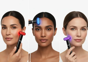 5-in-1 LED Beauty Wand in purple light mode with stainless steel head