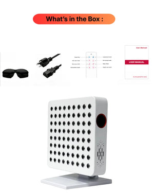 Product packaging with LED light panel, sunglasses, power cord, and user manual on a white background.