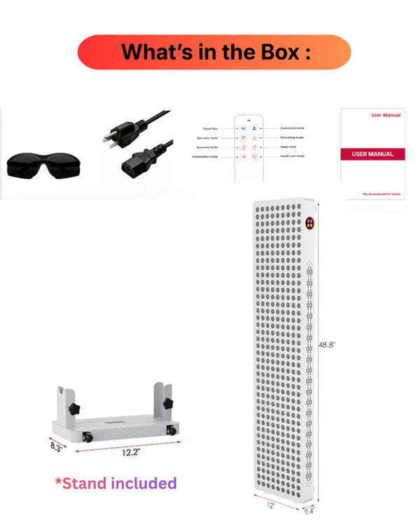 Quantum1000 red light therapy panel with stand, showing multiple wavelengths.