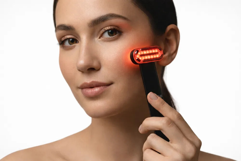 5-in-1 LED Beauty Wand with red, blue, purple light, micro-current, heat, and vibration