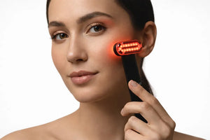 5-in-1 LED beauty wand with red, blue, and purple lights, micro-current, heat, and vibration