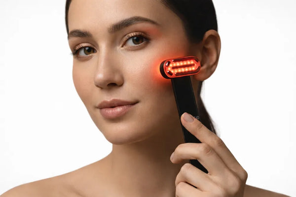 5-in-1 LED beauty wand with red, blue, and purple lights, micro-current, heat, and vibration