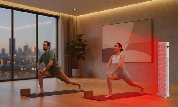 Couple relaxing under Aura Sweden Quantum1000 red light therapy panel
